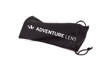Load image into Gallery viewer, Black microfiber sunglasses pouch with Adventure Lens branding.