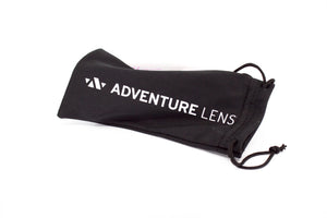 Black microfiber sunglasses pouch with Adventure Lens branding.