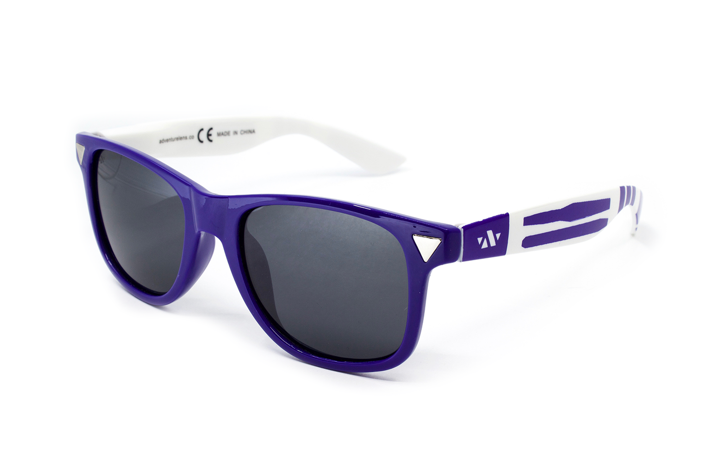 Front view of blue and white sunglasses