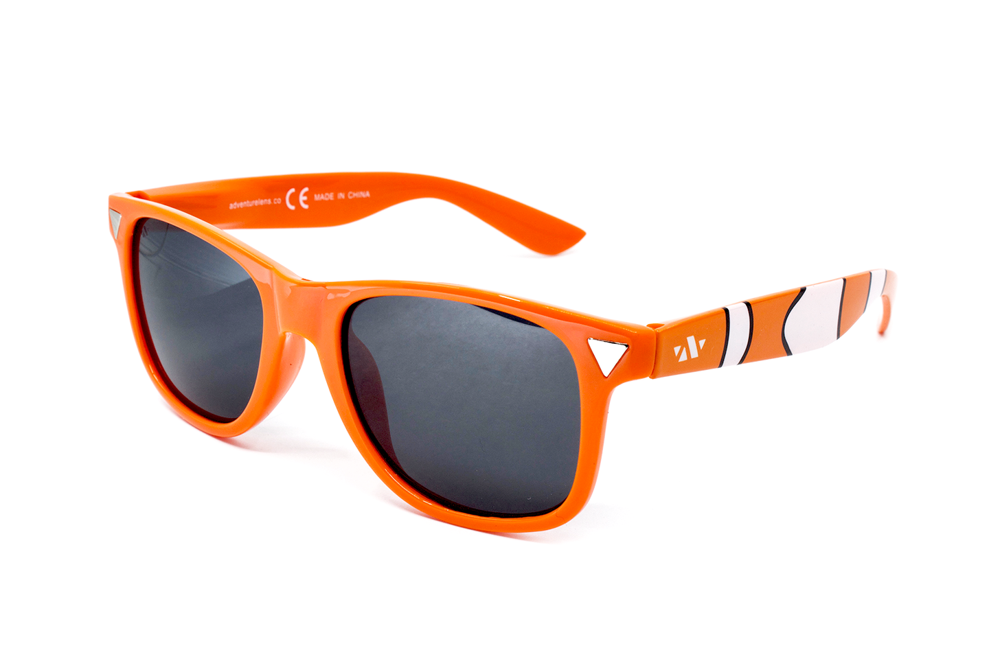 Front view of orange sunglasses with stripes to match clownfish stripes