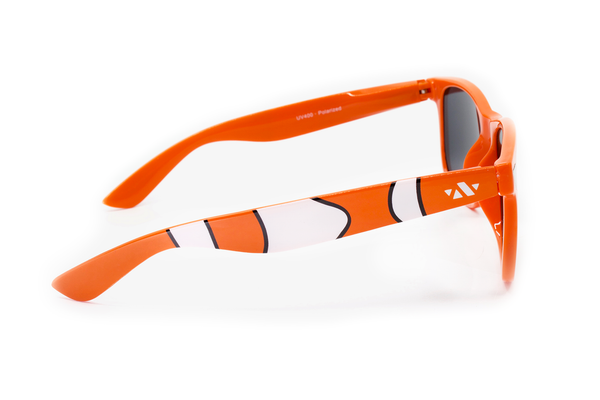 Sideview of sunglasses. Mimics the colorings of a clownfish with the white stripes and bright orange. 