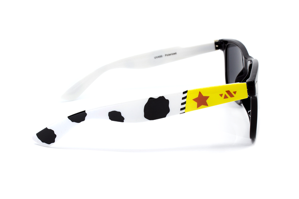 Side view of cowboy themed sunglasses. Cowhide print with Sheriff's star